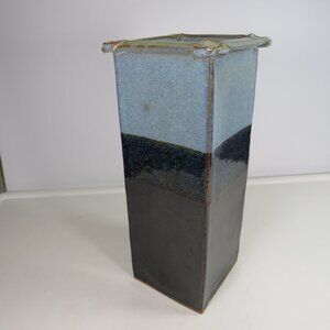 Handcrafted Tri-Tone Blue Vase Glazed Pottery with Signature